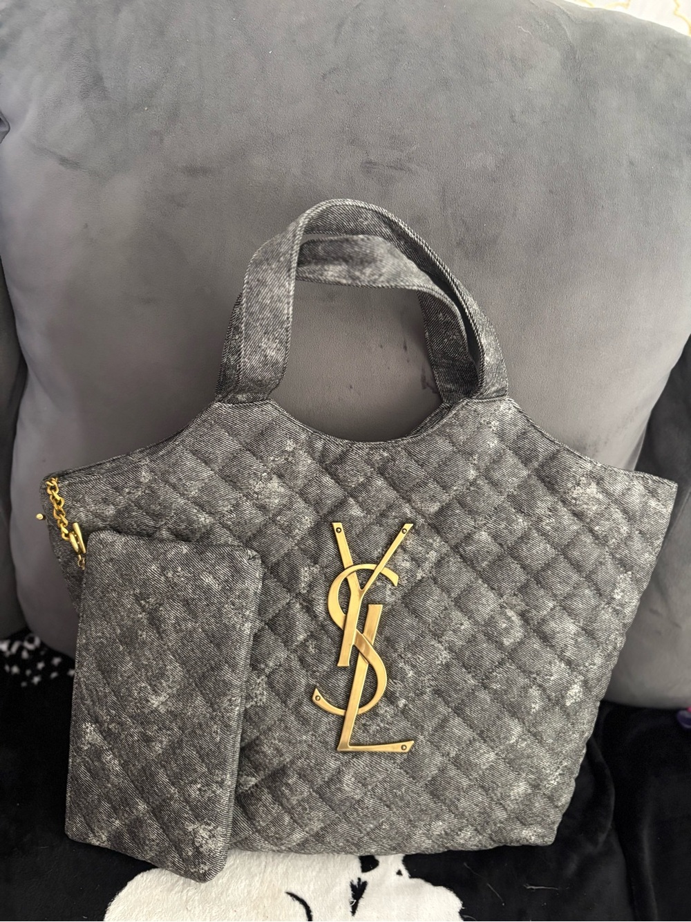 Saint Laurent Quilted Gray Tote with Gold FASHION Logo